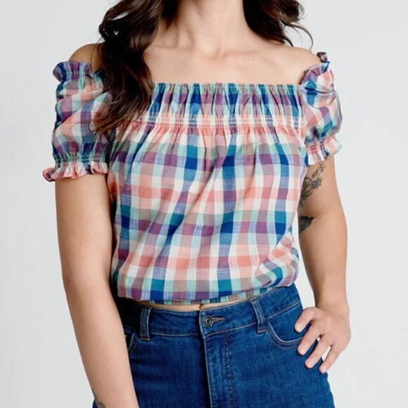 JCrew Smocked Cotton Crop Top Summer Madras Plaid Checkered Orange Blue S - Picture 1 of 11